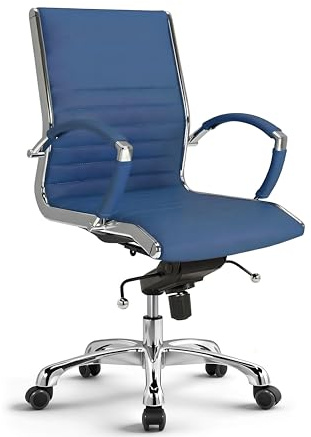 VERSEE Bürostuhl Montreal aus Echtleder, Blau, Sitzhöhe 46–54 cm | Ergonomischer Schreibtischstuhl mit Wippmechanik und Lendenstütze, für Büro und Homeoffice, bis 150 kg belastbar