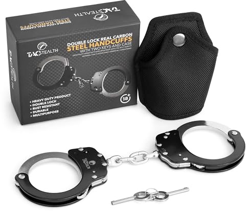 TacStealth Handschellen mit zwei Schlüsseln und Etui, robust, Schwarz und Silber, professionelle Qualität, biegsame, bruchfreie sichere Handschellen