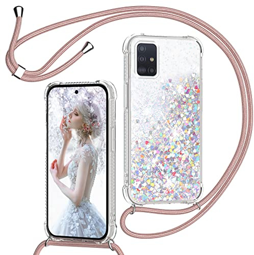 TUUT Handyband für Samsung Galaxy A51 4G Hülle mit Band, Glitzer Treibsand Handyhülle mit Kordel zum Umhängen Transparent Stoßfest Schutzhülle mit Kette Schnur, Quicksand Necklace Case in Roségold