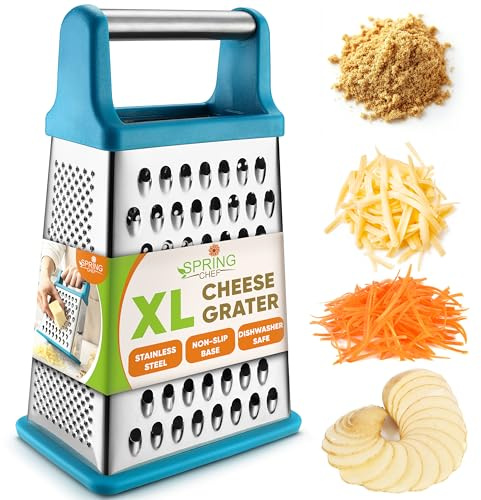 Spring Chef Handheld Stainless Steel XL Parmesan Cheese Grater with Handle - 4 Sided Metal Box Grater for Kitchen - Dishwasher Safe Potato Shredder for Hash Browns, Potato, Carrot, Vegetables - Teal