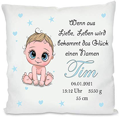 Personalisiertes Geburtskissen mit Namen und Geburtsdaten | Babykissen| Fotokissen | bedrucktes Kissen | Kissen | Motivkissen | Geschenke zur Geburt, Taufe | 40 x 40 cm (Jungen, mit Kissenfüllung)