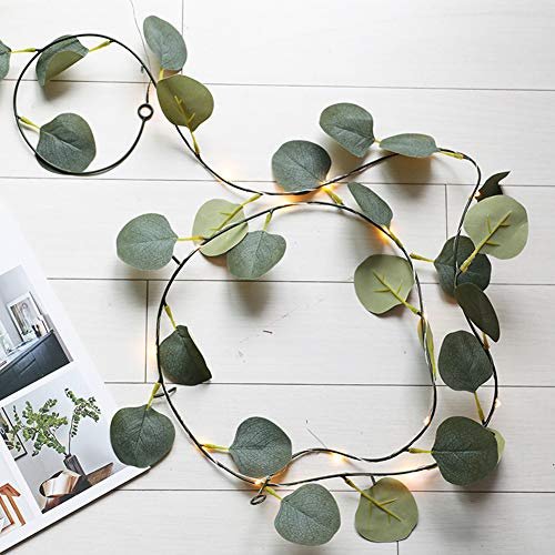 Künstliche Efeu Girlande, Künstlich Efeugirlande mit LED-Licht,Künstliches Hängend Grün Eukalyptus Blatt Rebe Lichterketten Lichter für Haus Küche Garten Büro Hochzeit Dekoration Wohnung Balkon,20 LED