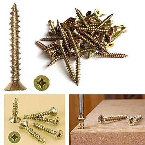 TERF® Multi Purpose Screws 4.5 X 50mm Pozi Flat Double Countersunk Zinc Yellow Screws For PVCu Wooden Timber Chipboard MDF and other similar types Screw Size 4.5 X 50mm - Pack of 100