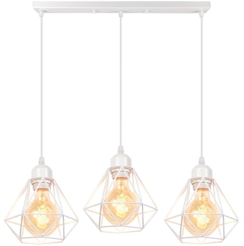 TOKIUS Lampadario a sospensione 3 Luci Vintage Plafoniera Industriel Lampadario vintage da soffitto E27 Design Gabbia ferro Bianco Ø160mm Per Soggiorno Cucina Camera da letto