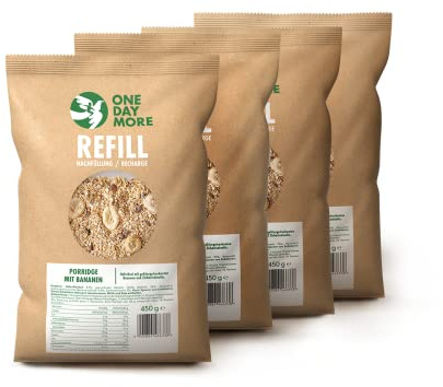 Haferbrei OneDayMore ohne Zucker 4x 450g Porridge,Viel Frucht, Musli Kein Glucose-Fructose-Sirup und Palmöl (Porridge mit Bananen ohne Zucker 4er-Pack)