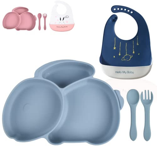Vajilla Bebe y vajilla infantil Animales. El Set incluye Plato Ventosa Bebe - Cuchara y tenedor bebe silicona - Baberos bebe impermeables Silicona. (Azul)