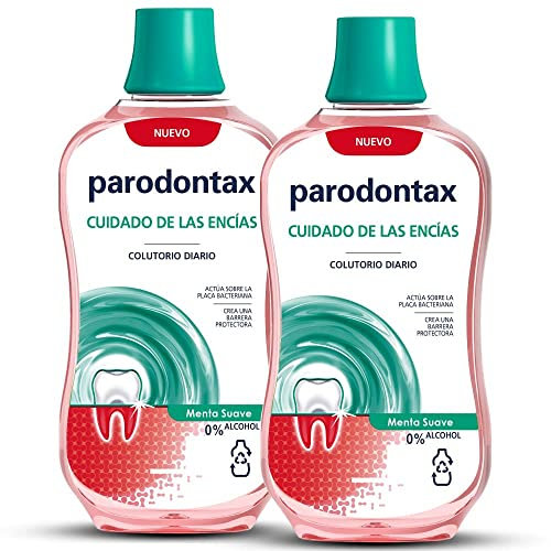 Parodontax Enjuague Bucal, Cuidado Diario de Las Encías Actúa Sobre La Placa Bacteriana, Colutorio Menta Suave 0% Alcohol, Pack de 2 Uds x 500 ml