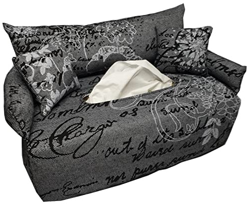 Taschentuchsofa mit Schriftzug – Bezug für Kosmetiktuchbox – dunkelgrau und schwarz – mit 2 Kissen – handgefertigt