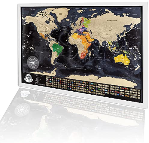 SMAGOS - Mapa del Mundo Para Rascar, Mapa Detallado con Las Banderas de Los Países (73x53cm), Las Ciudades más Grandes y Capitales