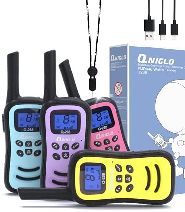 QNIGLO Talkie Walkie Rechargeable Enfants Adultes 4 Pièces,Radio à 2 Voies Longue Portée de 8 Canaux avec Fonction Vox,Lampe de Poche Cadeau pour Filles Garçons de 3 à 12 Ans (Rose Bleu Violet Jaune)