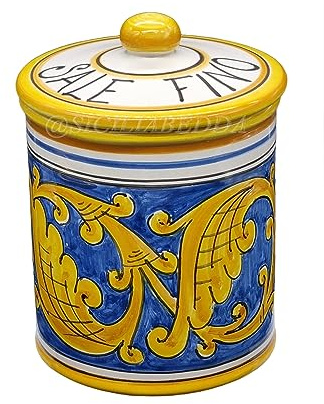 sicilia bedda - Barattoli Contenitori per Provviste in Ceramica di Caltagirone - Modello Maiolica Siciliana (Sale Fino Altezza 12 CM)