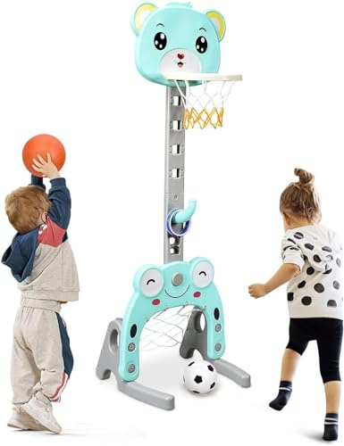 GOPLUS 3 en 1 Panier de Basketball avec But de Football et Jeu d’Anneaux pour Enfants 1-6 Ans avec 5 Positions Réglables 88-128CM, Ballon de Basket et de Foot, Anneaux Inclus (Bleu)