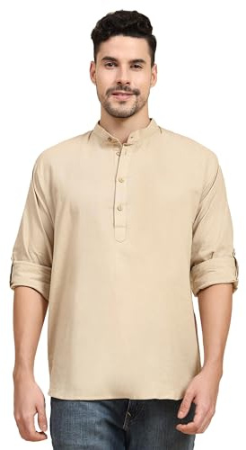 SKAVIJ Men's Cotton Kurta Long Sleeve Casual Henley Shirt (X-Large, Beige)