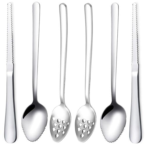 Grapefruit Löffel 6 Teiliges Set,4 Grapefruitlöffel aus Edelstahl und 2 Löffel mit Löchern,Löffel mit Kiwi Löffel, Grapefruitlöffel,Grapefruit Löffel,Dessertlöffel,mit Wellenschliff geeignet für Obst