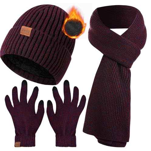 Ziwijity Set di guanti per sciarpa e touchscreen, per uomo e donna, invernale, 3 in 1, sciarpa, guanto, berretto lavorato a maglia, sciarpa lunga, spessa e morbida lana, Bordeaux, Taglia unica