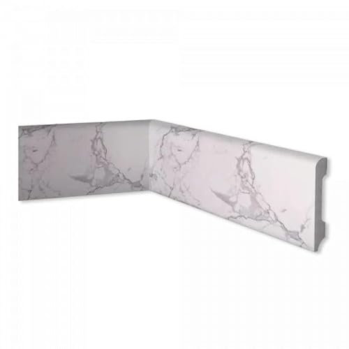 Asta 2 metri lineari Battiscopa in Polimeri 85x14x2000 mm Effetto marmo Bianco Carrara - Zoccolo da cucina resistente agli urti (2 Pezzi da 1000x85x14 mm)