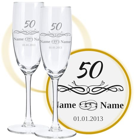 LALALO Sektglas mit Gravur 50. Hochzeitstag (2 St.), Goldenen Hochzeit Sektgläser Geschenk personalisiert/graviert, Jahrestag (Ringliebe)