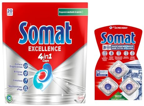 SOMAT 4in1 Caps 20 AW Excellence, schnellauflösende Spülmaschinentabs, für exzellente Reinigung & Glanz sogar im Eco-Programm + Somat Duo Power Experten 3 AW Maschinenreiniger 57g