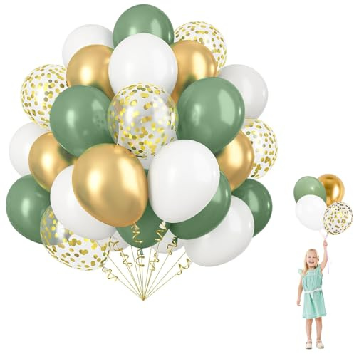 Luftballons Macaron Grün Gold, 60 Stück Salbeigrün Weiß Party Ballons,100% Naturlatex, Geruchlos, Bunte Farben Luftballons Geburtstag,12 Zoll Latex Ballon für Kinder Geburtstag Babyparty Hochzeit