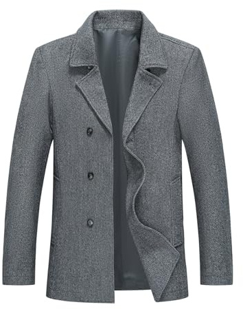 Allthemen Mens Winter Warm Coat Herringbone Tweed Double Breasted Trench Coat Wool Blend Notch Collar Coat Blue L