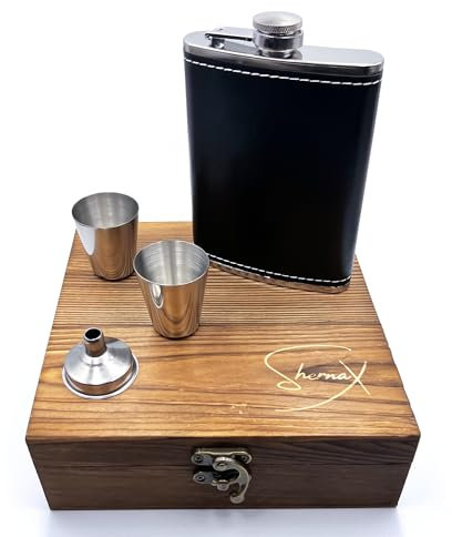 Originelle Geschenke für Männer, Set Flachmann, Becher und Trichter - Alkohol-Flachmann, Whisky, Jack Daniels - in edler Holzbox Shernax.