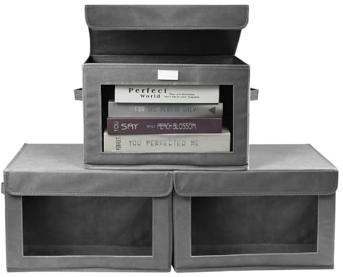 KYYGKY 3 Stück Aufbewahrungsbox mit Deckel Griffen Grau Stoffboxen mit Transparentem Fenster Stoff Kleiderschrank Organizer Faltbare Aufbewahrungsbox Ordnungsboxen Stoff für Kleidung Kleinigkeiten