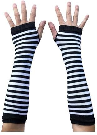 AUSUAYA Gestreifte Fingerlose Handschuhe Damen Armstulpen Lang mit Daumenloch Weiche Strick Goth Emo Cosplay