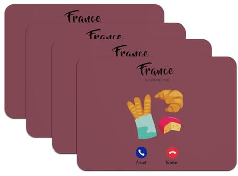 France is Calling Me - Set di 4 tovagliette in gomma rosse, con bacchetta a mezzaluna, 39,5 x 28,5 cm, colore: Rosso