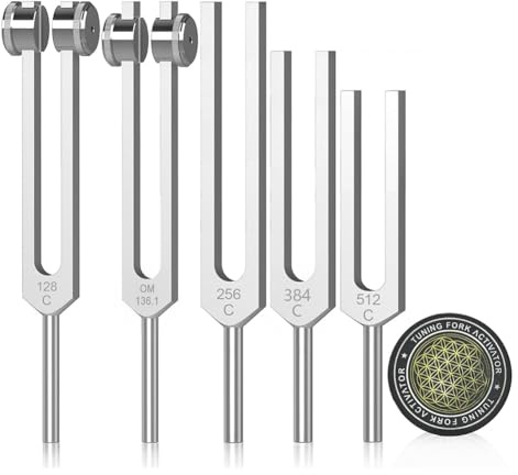 Uxsjakjsd Stimmgabeln für Heilungsset 128 Hz, 136 Hz, 256 Hz, 384 Hz, 512 Hz und Hockey-Puck-Aktivator für Heilung, Klangtherapie, Körperpflege
