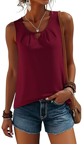 Yommay Tank Top Damen Sommer Rundhals Ärmellose Cami Blusen Chiffon Elegante Lässig Lose Oberteile Weste für Damen,Weinrot,S