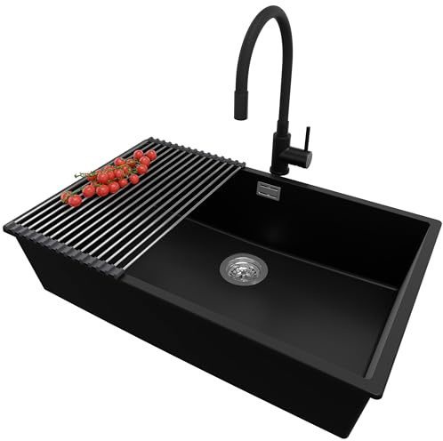 PRIMAGRAN Lavandino da Cucina al Mobile 80cm + Rubinetto, 76x47cm | Set: Rubinetto BW6020 + Kit di scarico + Scolapasta avvolgibile + Lavello in Granito a 1 Vasca - London Slim, Nero
