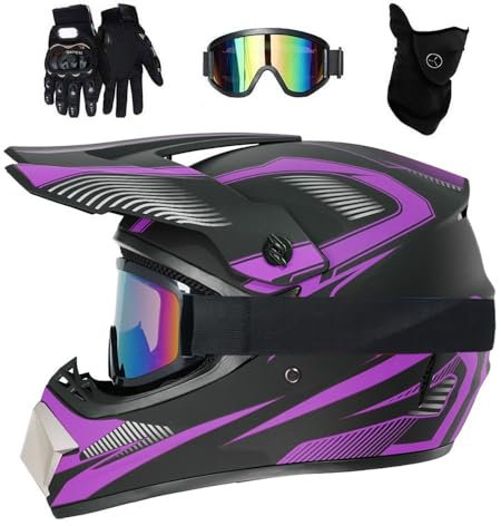 Youth Kids Full Face Motocross Helmet, with Goggles/Masks/Gloves, Unisex Dual Sport Off Road Enduro Motorbike Crash Helmets, Downhill BMX MTB ATV Racing Quad Dirt Bikes Helmet(Purple,M/54-55CM)