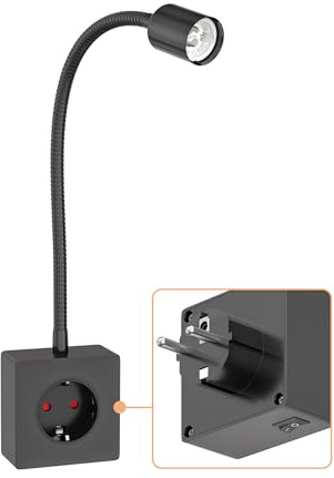 ledscom.de Steckdosenleuchte/Leselampe LESCH, Schwanenhals, Schalter, schwarz, 1x GU10 max. 10W