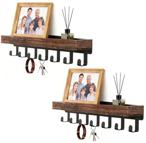 LOPYXBR 2 Packs Key Holder for Wall, 24.5x6.1x6cm Key Holder with Wood Tray and 6 Hooks, Keys Rack with Storage Shelf Adhesive, Shelf with Hooks for Hallway, Entryway, Bedroom, Office, Hallway