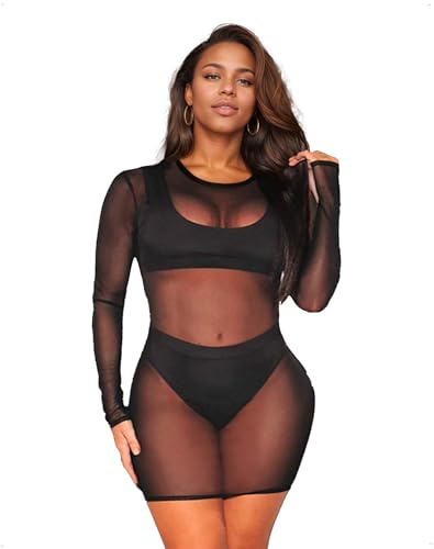 EMOTTOS Mini-Robe Transparente en Dentelle pour Femme, Body Extensible à Manches Longues et Col Rond, Lingerie Moulante en Maille Transparente pour Sortir en Boîte de Nuit, Noir, M