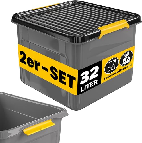 DEUBA Aufbewahrungsbox 2x 32L mit Deckel | Kunststoff, Transparent, Stapelbar, Transparent, Lebensmittelecht, BPA frei, Klickverschluss, 39x39x26 cm, Küche