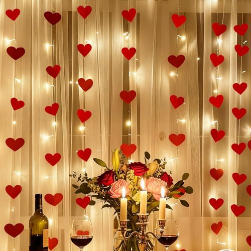 VIHOSE Valentine's Day Decor Red Hearts Garland Curtain Lights 9.84 x 6.56 ft Include 200 LED Fairy String Lights with 200 Felt Hearts for Galentines Window Ceiling Wedding Anniversary Party
