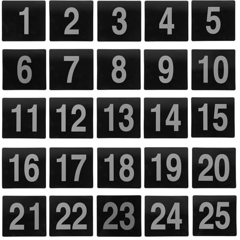 BESPORTBLE Tarjetas de Asiento Reutilizables de PVC Negro Números Blancos del 1 al 25 Tamaño 95X100 MM Letreros Resistentes al Desgaste para Bodas Restaurantes y Fiestas