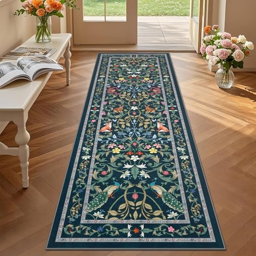 TUKDAK Teppich Läufer Flur rutschfest 60x180cm, Blau Waschbar Tiere Teppichläufer Flur, Boho Wald Küchenläufer, Kurzflor Küchenteppich, Flurteppich Läufer Lang Wohnzimmer Schlafzimmer Korridor