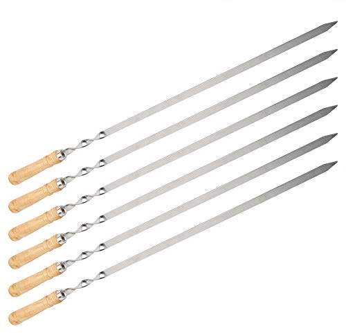 RASTKY Brochettes de Barbecue en Acier Inoxydable pour Barbecue Brochettes Plates de en Acier Inoxydable avec Manche en Bois, Outils de Grillades Idéaux pour la Cuisine, Fournitures de 6 Pièces