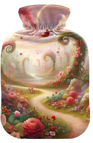 Botella de agua caliente con cubierta suave calentador de pies con cubierta suave bolsa de agua caliente rosa jardín para calentador de cama de pies, alivio del dolor, mediano