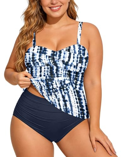 Tankini Mujer Tallas Grandes Traje de Baño Mujer Tamaño Grande Tankini Conjunto de Traje de Baño de Dos Piezas Traje de Baño con Cintura Alta Bañador Bañador Moda Playa Traje de Baño, O Navy, XXXXL