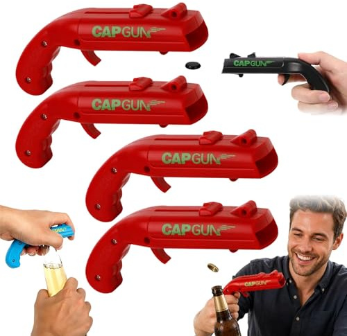 CapGun Flaschenöffner Pistole – Cap Gun mit Kronkorken Wurf & Schuss-Effekt, lustiges Biergeschenk für Männer, Party Zubehör für Zuhause & Bar (Rot)