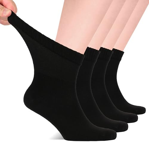 Hugh Ugoli Calcetines Tobilleros Hombre Diabéticos, 4 Pares, Calcetines de Bambú Súper Suaves y Finos, Holgados para Tobillos Hinchados, Cintura Sin Presión y Punta Sin Costura, Negro, 40-44