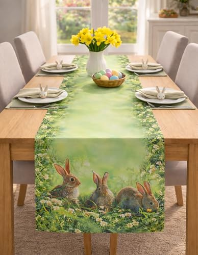 KAMACA Tischläufer Ostern & Frühling – 40x90 cm – Motiv Hasen Trio – Bunter Oster-Tischläufer waschbar & abwaschbar – Dekorative Tischwäsche für Küche & Wohnzimmer
