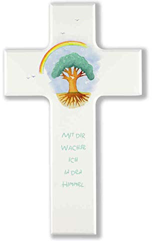 kruzifix24 Kinderkreuz MIT DIR WACHSE ICH IN DEN Himmel Motiv Lebensbaum/Wurzeln/Regenbogen Holzkreuz weiß 15 x 9 cm Taufkreuz Mädchen/Junge Geschenk zur Geburt Geschenkidee