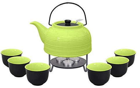 Teeservice „Nelly“. Moderne Teekanne 1,5 Liter in grün-schwarz aus hitzebeständiger Keramik mit Edelstahlfilter, 6 Teecups 120ml in grün-schwarz und Metall-Stövchen.