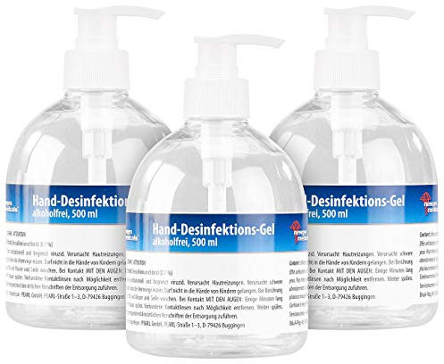 newgen medicals Handdesinfektionsmittel: 3er-Set Hand-Desinfektions-Gels im Spender, alkoholfrei, je 500 ml (Händedesinfektionsmittel, Schnelldesinfektion, Seifenspender)