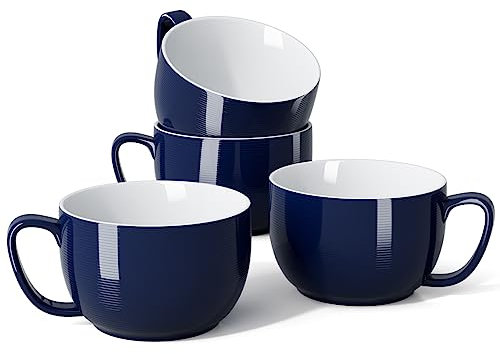 Teocera Porzellan-Kaffeetassen, Suppentassen, Schalen mit Griff, 680 ml, Latte-Tassen, 4 Stück, gestreiftes Design, Marineblau