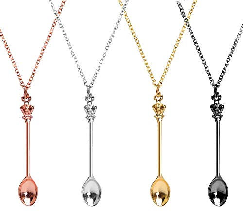 4 Pcs Spoon Necklace Set Mini Charms Ket Necklace Small Spoon Tiny Little Scoop Teaspoon Metal Crown Pendant Long Chain Home Supplies for Women Girl Jewellery Party Gift